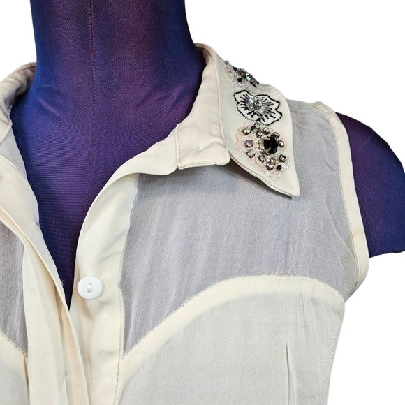 Milly 100% Silk Cream Sleeveless Blouse Jeweled‎ Collar Size 0 Women's D64 - Picture 2 of 14